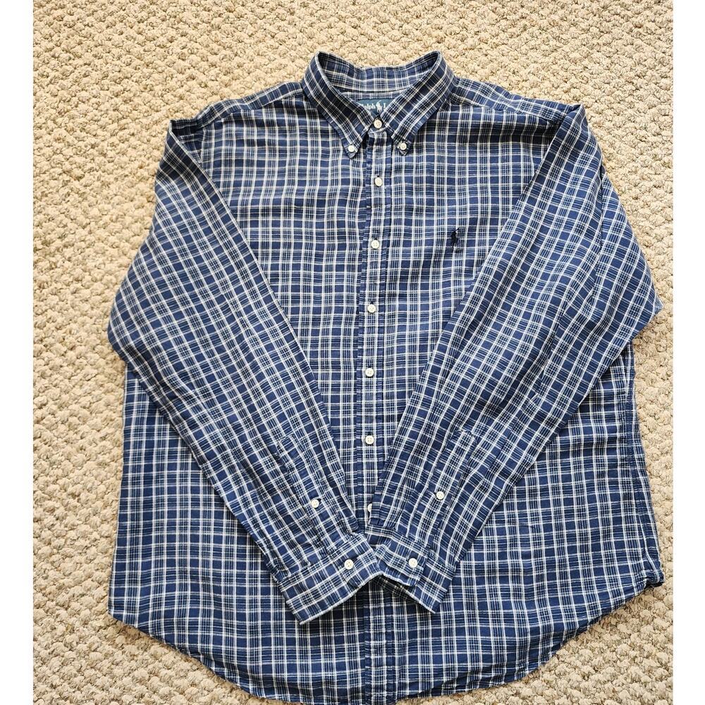 Ralph Lauren Mens XXL Blue Plaid Classic Fit Linen -Cotton Blend Button Down